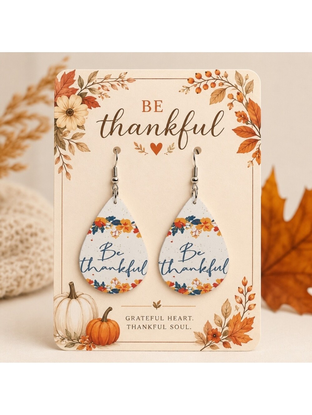 Blessings Thanksgiving Be Thankful Floral Faux Leather Hypoallergenic Earrings